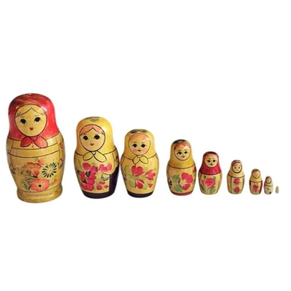 Vintage Russian Folk Art Wooden Nesting Dolls Set of 9 Floral Woman Apx 6" READ